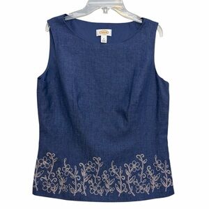 Talbots Navy Linen Blend Sleeveless Blouse Embroidered Hem Size 10